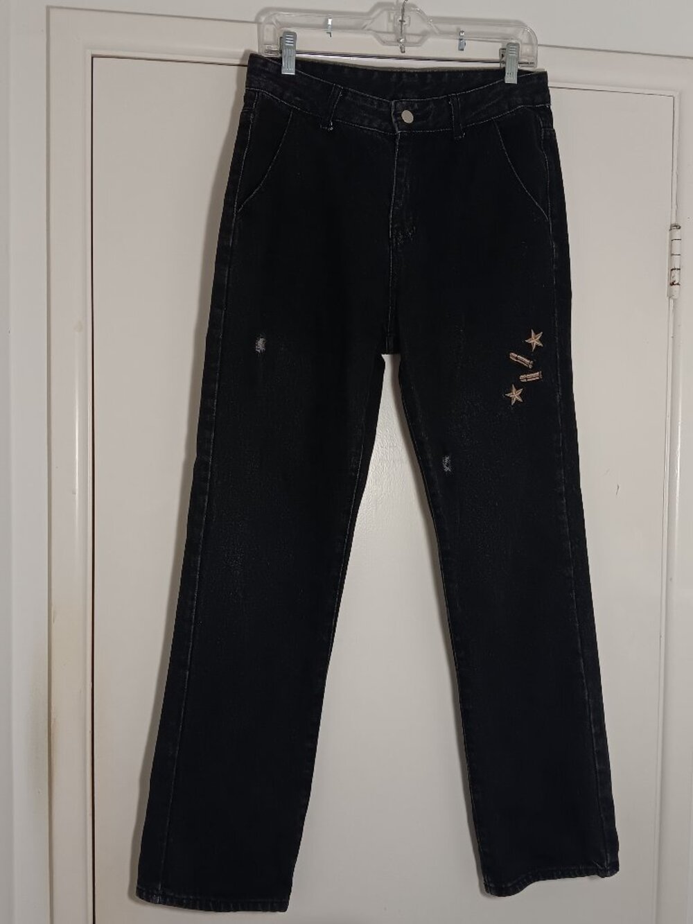 Y2K black embroidered revolver gun jeans distressed straight leg size 8 - 10